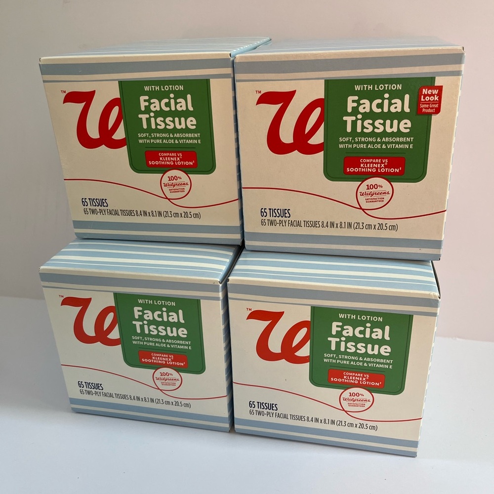 4 boxes 65 count Facial Tissue with Lotion - white and blue boxes